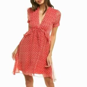 The Kooples Red Floral Mini Dress Ruffle Chic Feminine Brunch Date Night Size 2